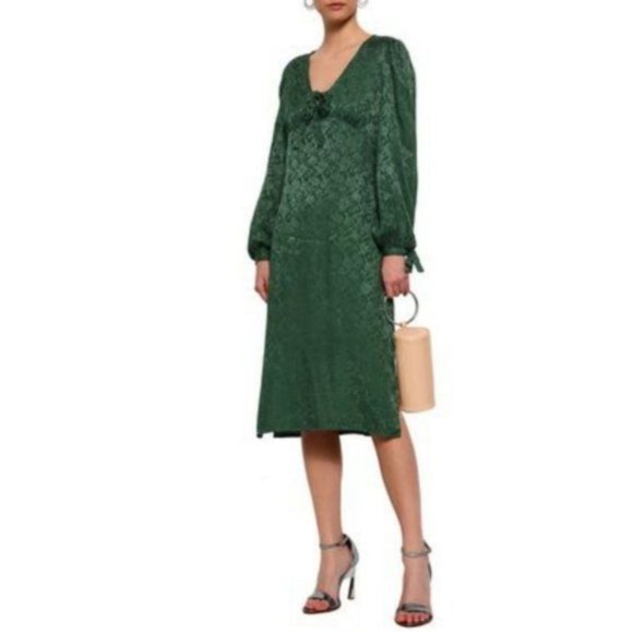 Walter Baker Retro Jacquard Aura Dress 6 Green Floral Long Sleeve V Neck Bow NEW - Picture 3 of 8
